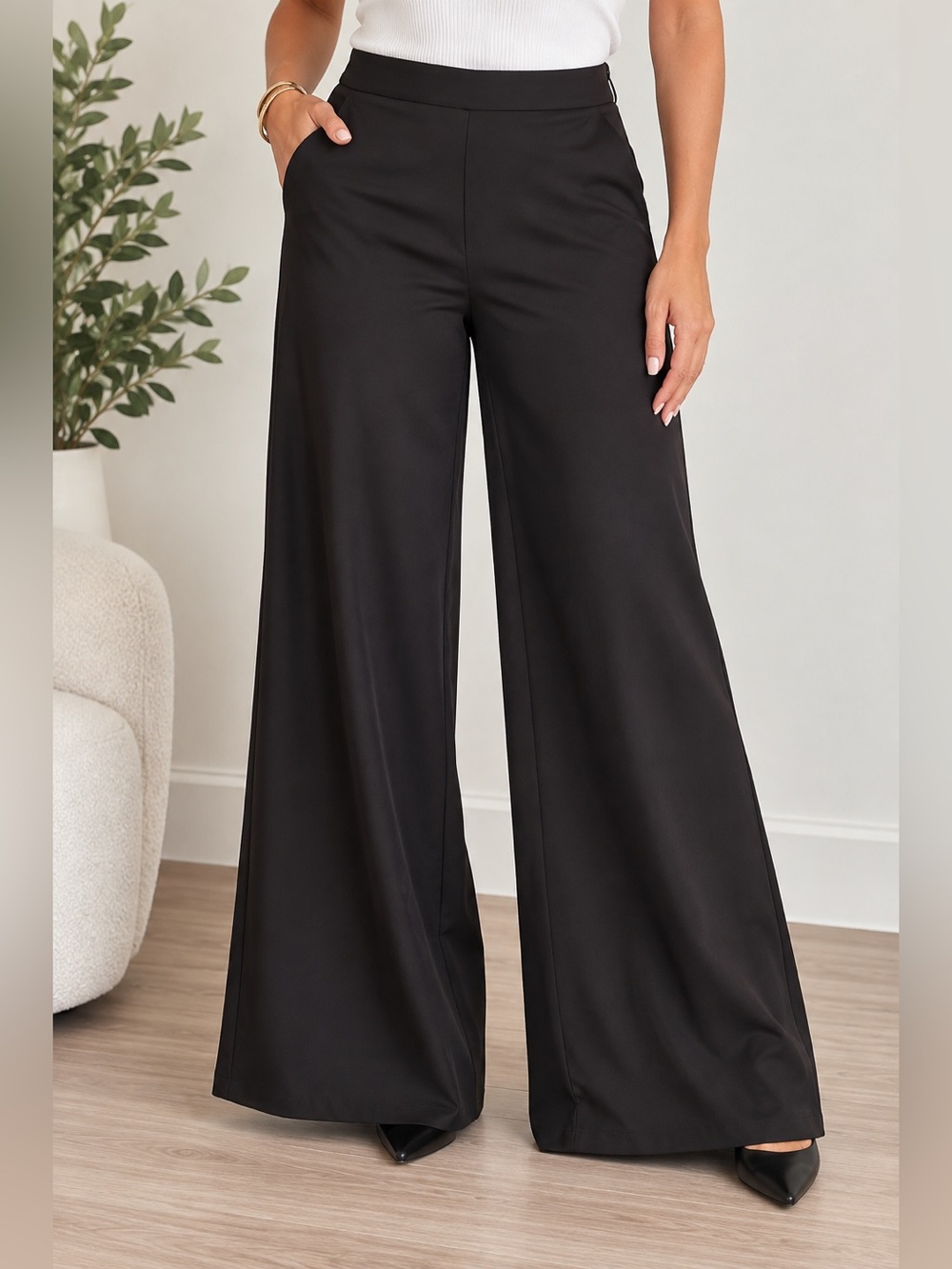 Fashion Nova Odessa Wide Leg Pants 33” Black Size L High Rise NWT